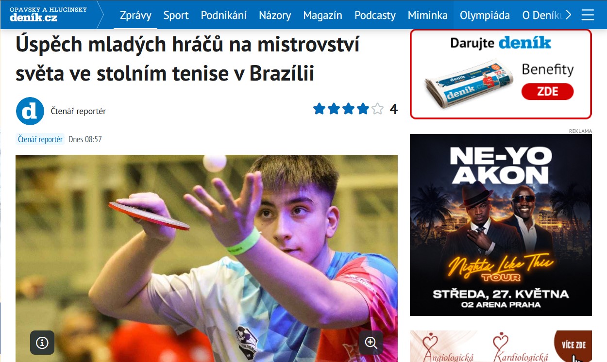 Úspěch mladých hráčů na mistrovství světa ve stolním tenise v Brazílii